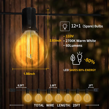 GvvooHome Outdoor String Lights, LED Patio Hanging Lights with Waterproof G40 Globe Plastic Bulbs for Outside Backyard Porch Garden Cafe Decor (25ft - 14 LED Bulbs)