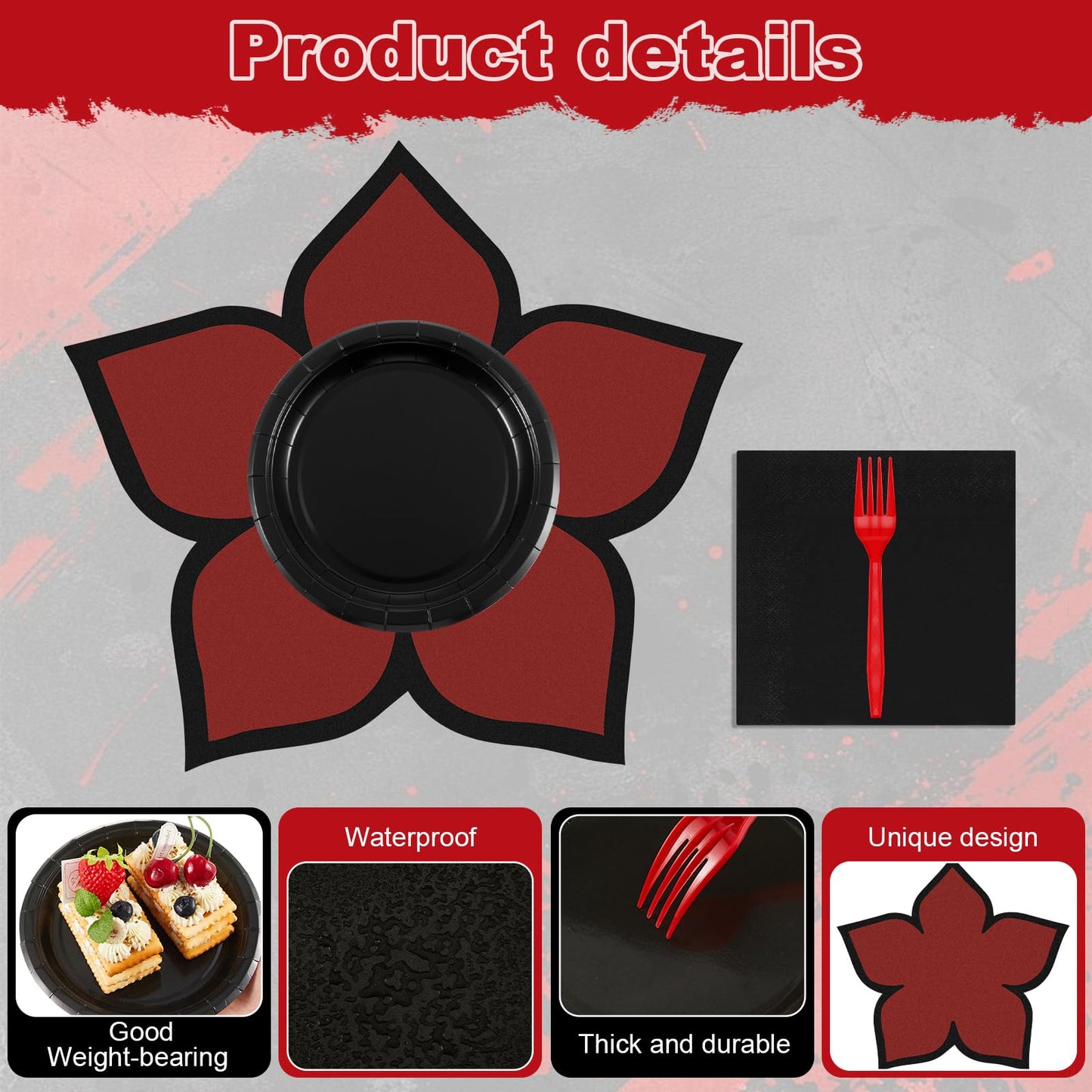 Yungyan 96 Pcs Spooky Rustic Black and Red Birthday Party Supplies Tableware Set Plates, Forks, Napkins and Flower Disposable Placemats for Gothic Birthday Spooky Theme Fiesta Party Decorations Serves