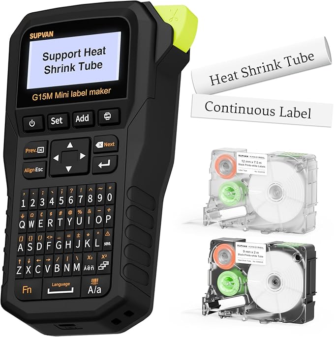 SUPVAN G15M Mini Portable Label Maker Machine with Heat Shrink Tube, Rechargeable 1200mAh Battery Thermal Transfer Printer, Compatible with Multi-Type Label, Home, Garage, Office & Outdoor