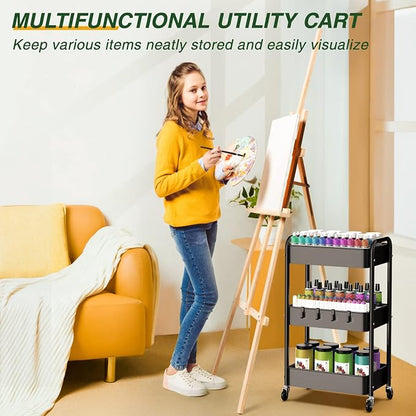 LEHOM 3 Tier Rolling Cart, Metal Rolling Utility Cart with Lockable Wheels & Hooks, Multi-Functional Heavy Duty Storage Cart Organizer for Bathroom, Kitchen, Office, Living Room