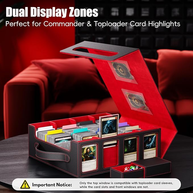 Trading Card Storage Box – 3500+ Magnetic MTG Deck Box with Handle,Commander & Toploader Display, Dice Box,4 Dividers & 30 Color Labels – Fits for TCG,MTG,Yu-Gi-Oh and Sport cards(Black/Red)