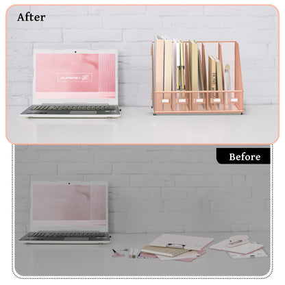 SUPEASY Desk Organizers Metal Desk Magazine File Holder with 5 Vertical Compartments Rack File Organizer for Office Desktop, Home Workspace, Rose Gold