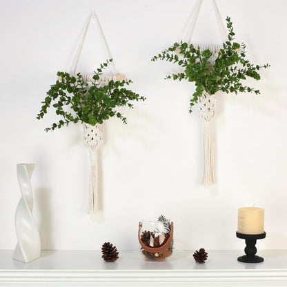 UBOSU Macrame Wall Hanging Plants with LED Lights, White Cotton Rope, Wooden Dowel, Boho Woven Plant Holders with Artificial Eucalyptus Leaves, wall Decor, Set of 2 (Green)