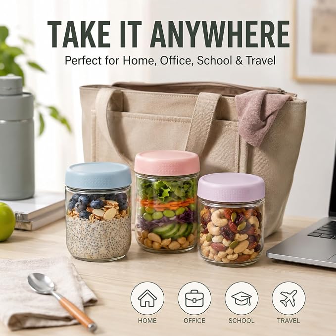 6 Pack Overnight Oats Containers with Screw Lid (3 × 10 oz, 3 × 16.7 oz) 2026 Upgraded High Borosilicate Glass Containers for Snacks Yogurt Spice Sugar, Wide Mouth Mason Salad Jars