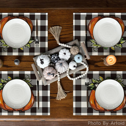 Artoid Mode Buffalo Plaid Pumpkin Bow Fall Placemats Set of 6, 12x18 Inch Seasonal Table Mats for Table Runner Party Kitchen Dining Decoration