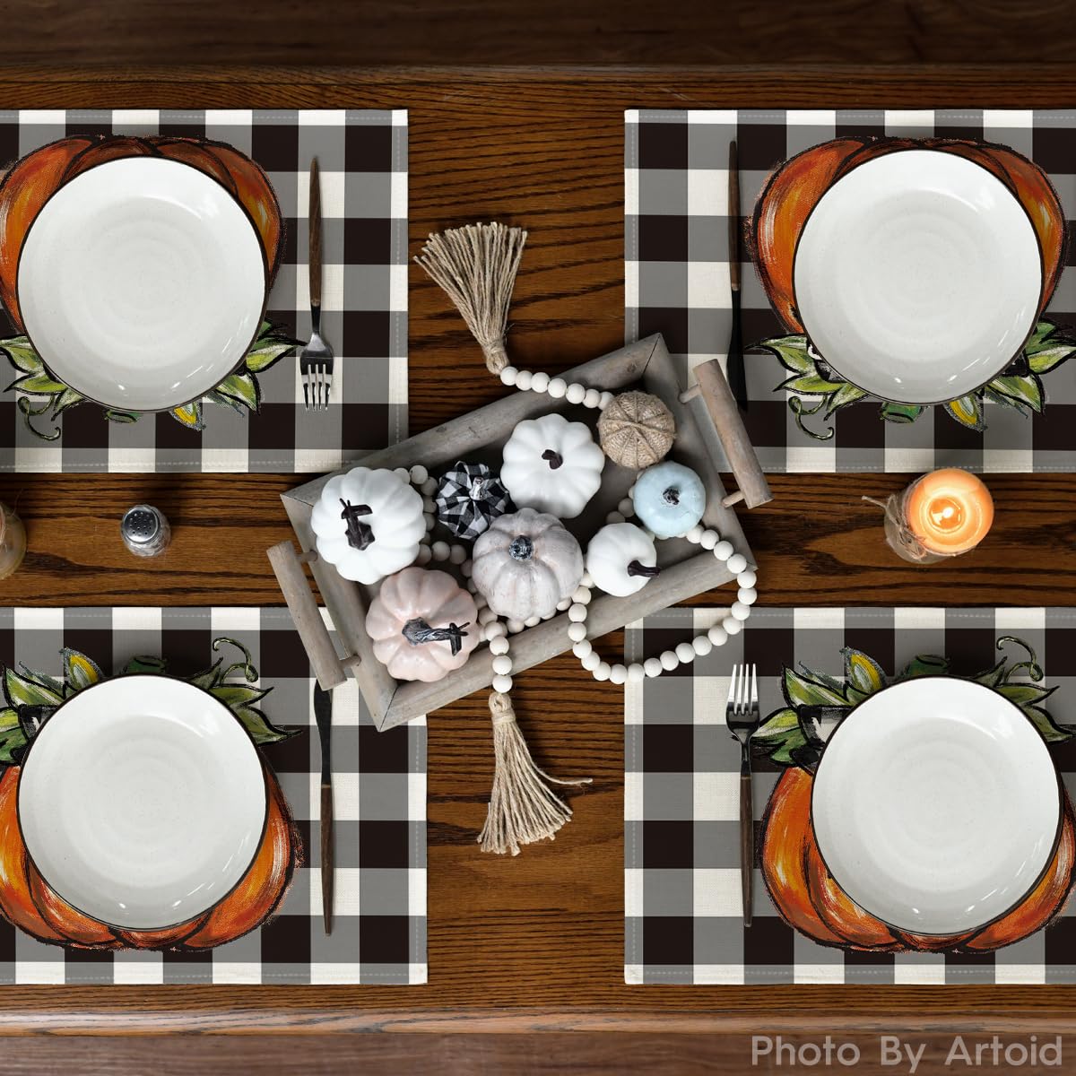 Artoid Mode Buffalo Plaid Pumpkin Bow Fall Placemats Set of 6, 12x18 Inch Seasonal Table Mats for Table Runner Party Kitchen Dining Decoration