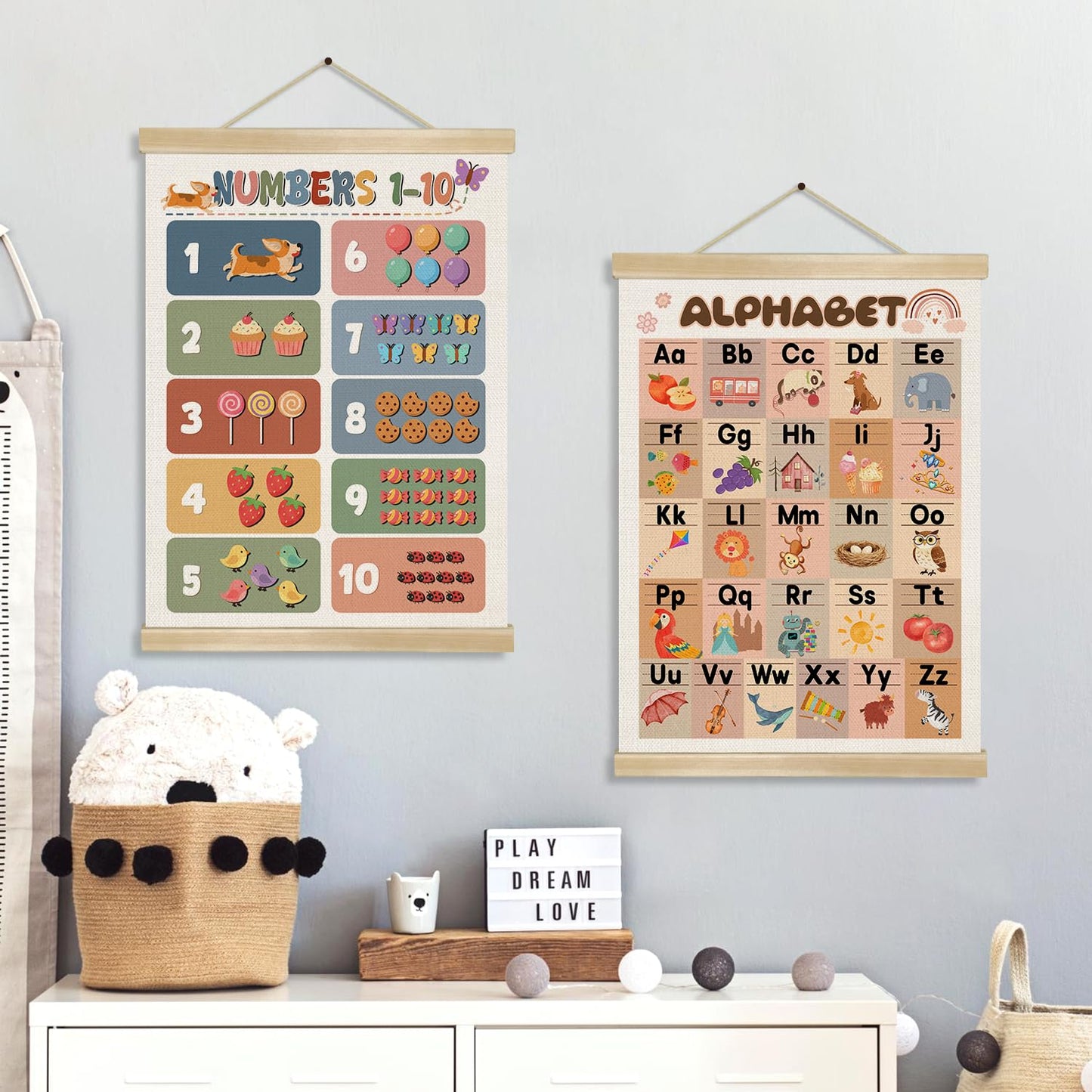 Alphabet Numbers Wall Art Poster Set of 2 ,Boho Educational Canvas Posters for Classroom,1-6 Toddlers ABC and 1-10 Numbers Learning Banner for Preschool Nursery Playroom,Kids Room Decor 14x18.5 Inch