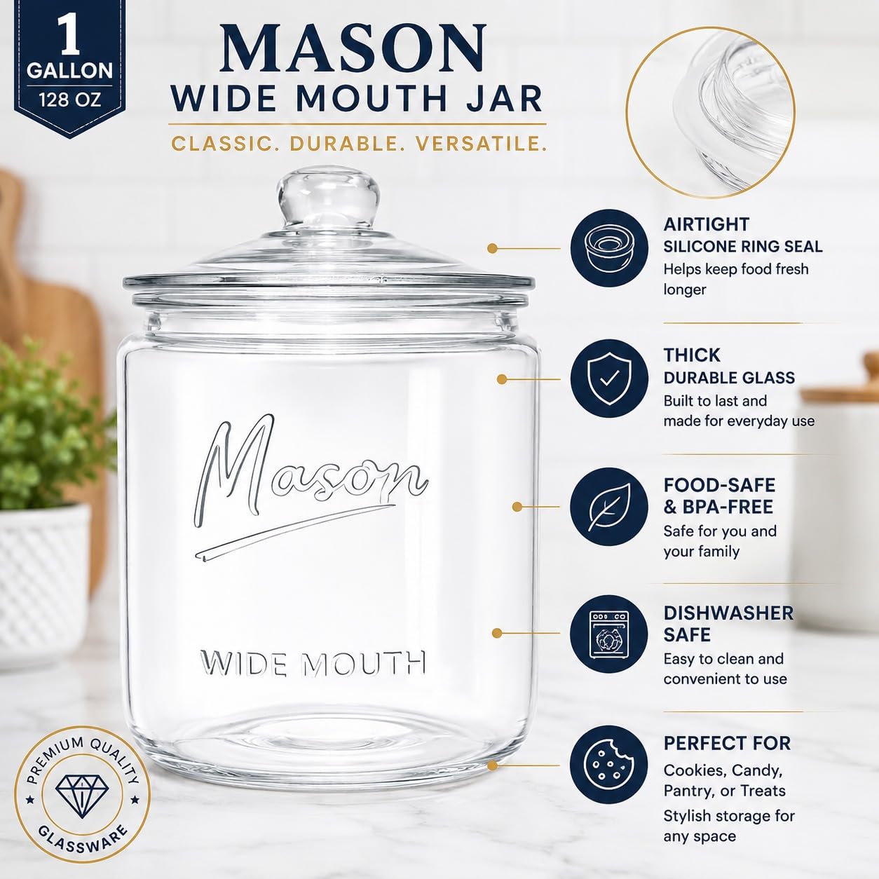 1 Gallon Mason Glass Cookie Jar with Lid – Wide Mouth Glass Storage Jar with Embossed Mason Logo, Airtight Pantry Container with Measurement Markings for Cookies, Candy, Flour & Dog Treats – Pack of 2