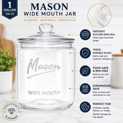 1 Gallon Mason Glass Cookie Jar with Lid – Wide Mouth Glass Storage Jar with Embossed Mason Logo, Airtight Pantry Container with Measurement Markings for Cookies, Candy, Flour & Dog Treats – Pack of 2