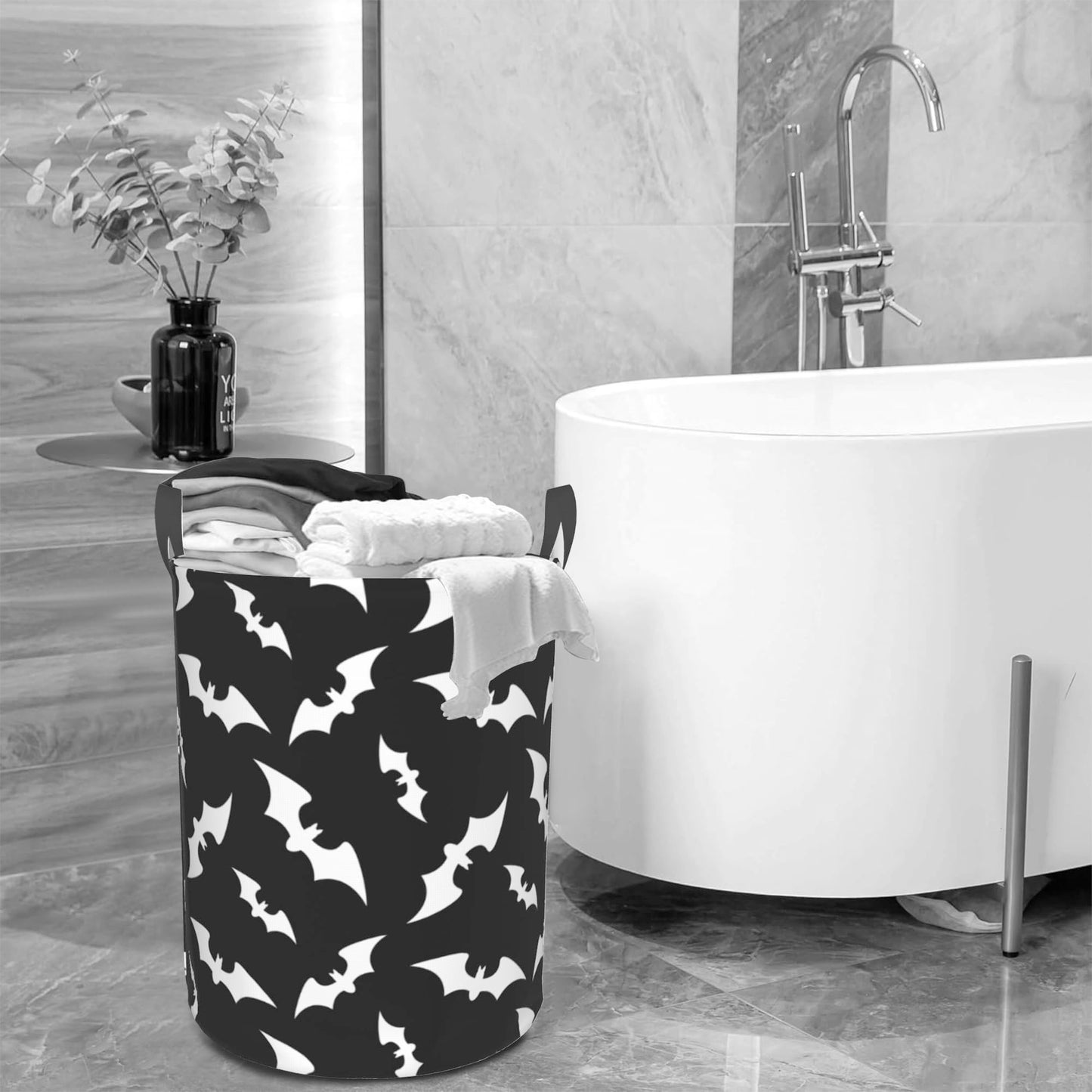 Halloween Bats Collapsible Laundry Basket,Black Bat Bedroom Waterproof Laundry Hamper,Bathroom Large Storage Bag,College Dormitory Living Room Nursery Organizer Toy Bin 16" x 20"