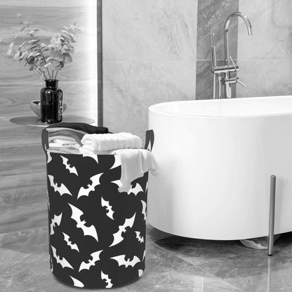 Halloween Bats Collapsible Laundry Basket,Black Bat Bedroom Waterproof Laundry Hamper,Bathroom Large Storage Bag,College Dormitory Living Room Nursery Organizer Toy Bin 16" x 20"