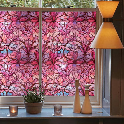 Pink Peach Floral Stained Glass Window Films Decorative Double-Side Privacy Film Self-Adhesive Static Glass Window Clings Stickers for Living Room Bathroom Glass Windows Decor