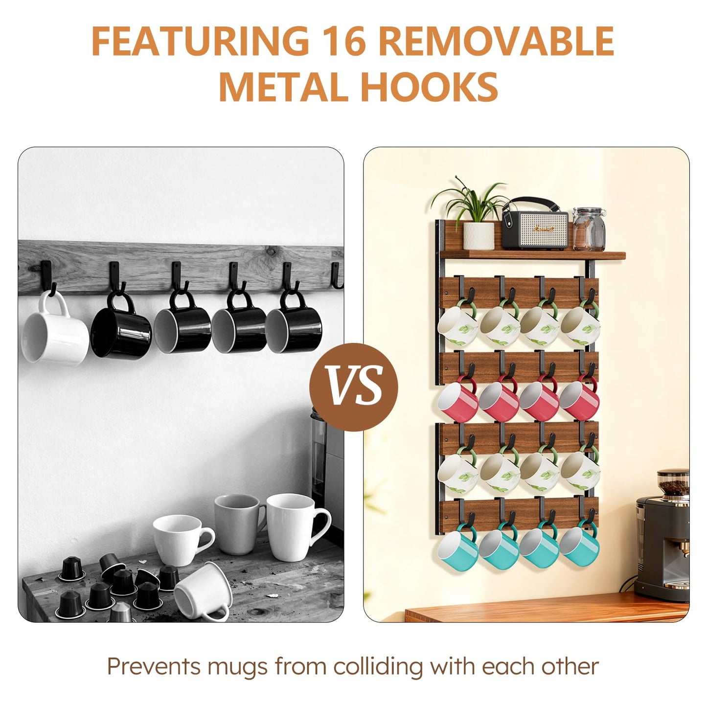 Dhmkfly 2-in-1 Coffee Cup Holder Wall Mounted, 4-Tier Coffee Mug Holder Wall Mount with 16 Adjustable Hooks and Display Shelf, Wooden Mug Rack Hanger Organizer for Home Kitchen Display and Collection