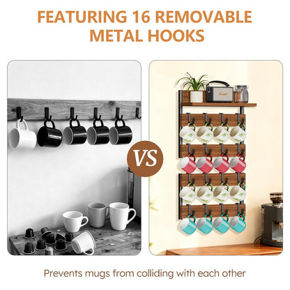 Dhmkfly 2-in-1 Coffee Cup Holder Wall Mounted, 4-Tier Coffee Mug Holder Wall Mount with 16 Adjustable Hooks and Display Shelf, Wooden Mug Rack Hanger Organizer for Home Kitchen Display and Collection