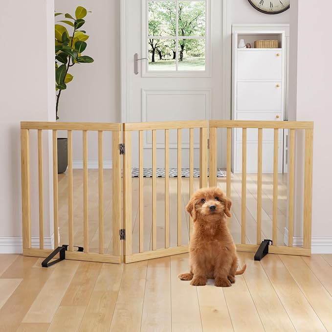 Semiocthome Bamboo Freestanding Dog Gates for Doorways, 3-Panel Indoor Puppy Gates for The House with 2 Metal Stands, 24"(H) Folding Pet Gate for Stairs Expands Up to 55"(W) No Installation Resquired