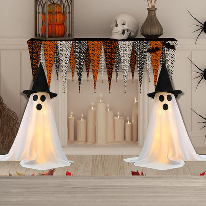 VioraWhite 2 Pack 18.8Inch Lighted Halloween Decoration Indoor Ghost Witch Hat with Lights Spooky Halloween Party Decoration Scary Glowing Ghost Kit for Mantel Shelf Table Fireplace Home Room Kitchen