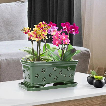 EXQUAILTY Orchid Pot with Holes12 Inch Ceramic Plant Pots with Drainage Holes and Tray, Promoting Air Circulation and Drainage, Indoor/Outdoor Green Flower Pots