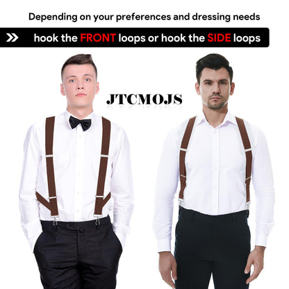 JTCMOJS Side Clip Suspenders for Men Heavy Duty X Back Braces Faux Leather Brown Suspenders for Men Big and Tall