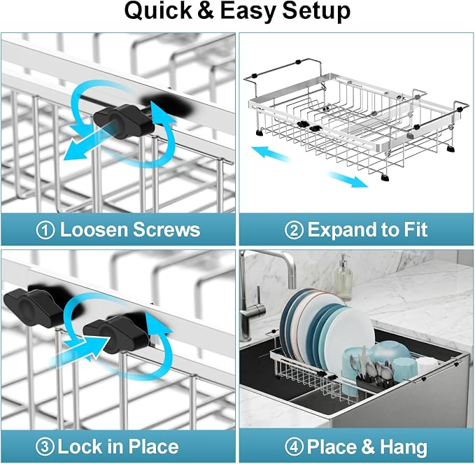 GSlife Over Sink Dish Drying Rack - Large Expandable Stainless Steel in Sink Dish Drainer with Square Corners, Rust Resistant with Lock Knob, Heavy Duty Fit for Modern Single & Double Sinks, Silver