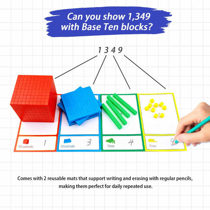MATIFANER Base Ten Blocks with 2 Writable Erasable Place Value Mats, Upgraded 3-in-1 Storage, Sturdy Plastic Math Manipulatives Counting Blocks for Students, Homeschool, Classroom, Special Education