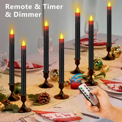 wemarry Flameless Taper Candles 10.6" Dripless Battery Operated Taper Candles Included Remote Timer 400+ Hours by 2AA Batteries for Halloween Christmas Wedding (Black+Burgundy, 6 Pack)