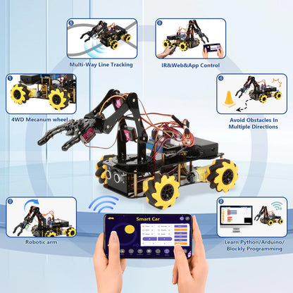 ACEBOTT 5DOF Smart Robot Arm Car Kit, 4WD Remote Control Car Compatible with Arduino/Python/Blockly Programming Project/STEM Education/Science Coding Kit for 12+ Teens and Adults Unique Gifts