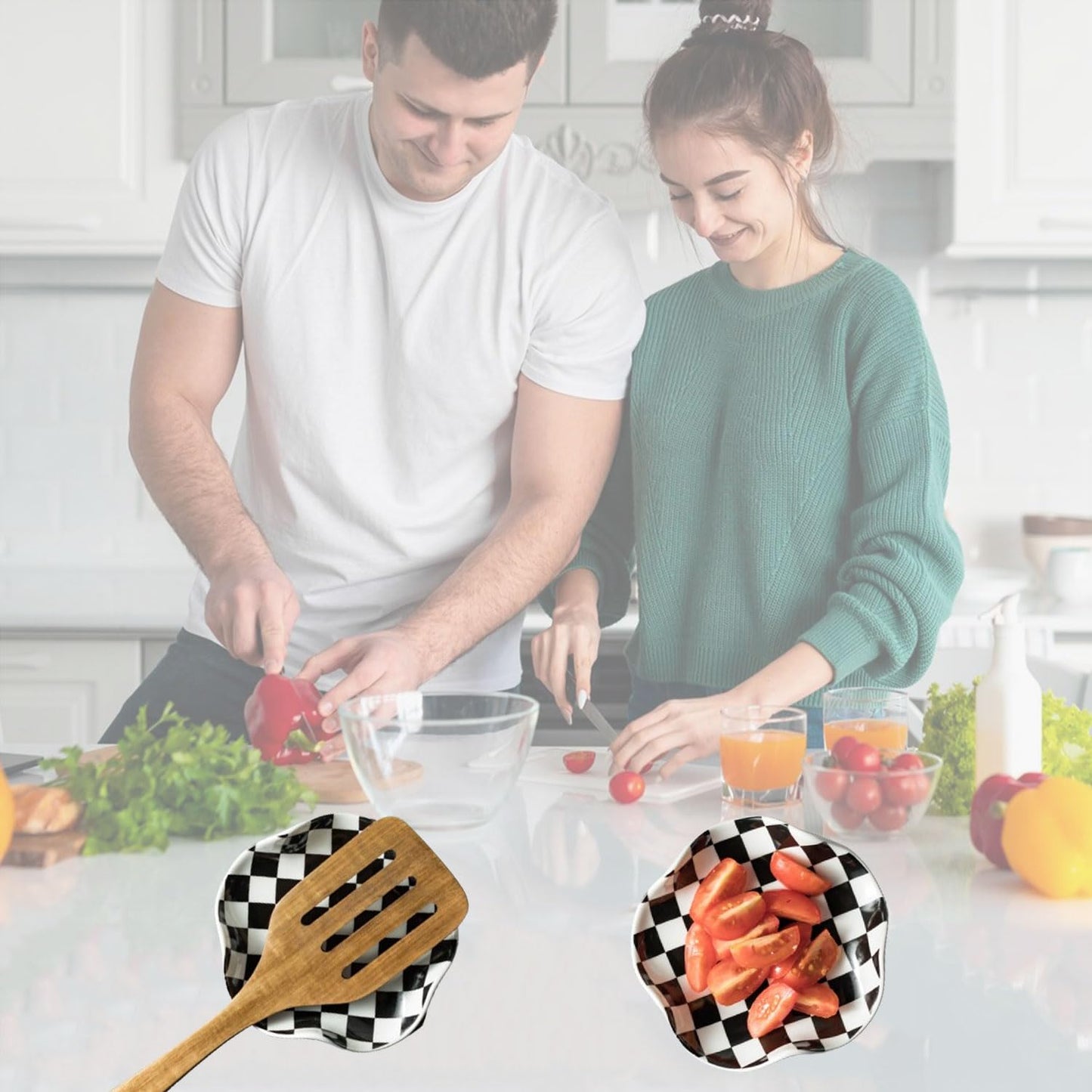 Miamolo Spoon Rest for Stove Top, 5.3in Checkered Spoon Holder Utensil Rest, Ceramic Spoon Rests for Coffee Bar, Kitchen Gadget Cooking Gift for Housewarming - Heat Resistant & Dishwasher Safe