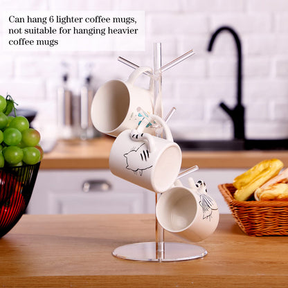 Patelai 14 Inch Acrylic Coffee Mug Tree Coffee Mug Rack Cup Holders for Counter with 6 Hooks Removable Stands(Acrylic,Clear)