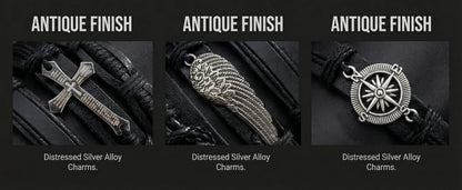 AFIKJHONS Handmade Leather Bracelet Set for Men Women, 6 Pcs Vintage Black Bracelets with Cross Compass Wing Charms, Adjustable Wristband Jewelry