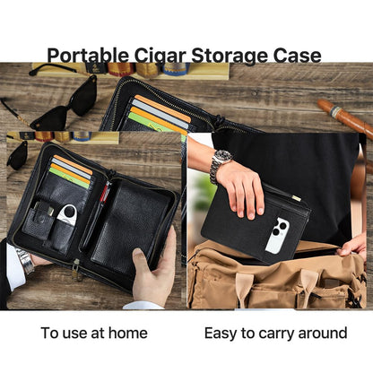 CONTACTS Full Grain Leather Cigar Case Travel Cigars Humidor Box Accessories Organizer with Cigar Cutter Lighter Pocket for 5 Pcs Cigars (Black)