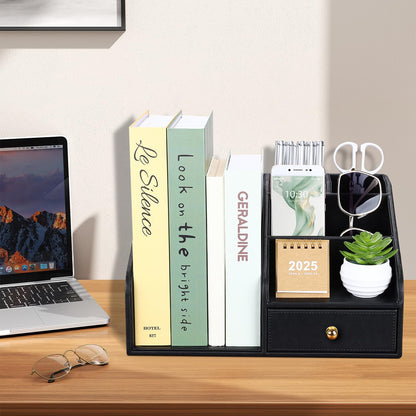 GORESE PU Leather Desk Organizer, File Organizer with Drawer and 4 Compartments, Desktop Organization with Magazine file Holder for Office Supplies, Elegant Gift for Men Who Have Everything, Black