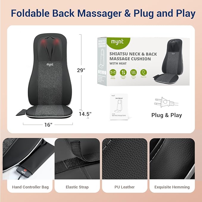 Mynt Shiatsu Neck and Back Massager with Heat, 3D Kneading Full Back Massager for Pain Relief Deep Tissue, Foldable Adjustable Chair Massager for Home Office, Christmas Gift for Dad Mom, Black