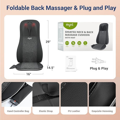 Mynt Shiatsu Neck and Back Massager with Heat, 3D Kneading Full Back Massager for Pain Relief Deep Tissue, Foldable Adjustable Chair Massager for Home Office, Christmas Gift for Dad Mom, Black