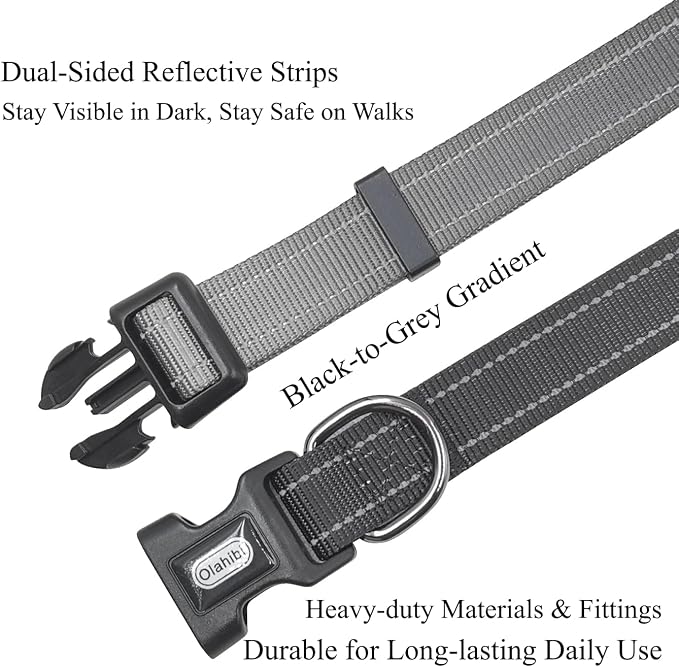 Dog Collar Leash Set, Gradient Color, with Safety Reflective Strips, 5 ft Matching Leash, Neoprene Padded Handle, Adjustable 4 Sizes for Small Medium Large Dogs.(M, Black Grey)