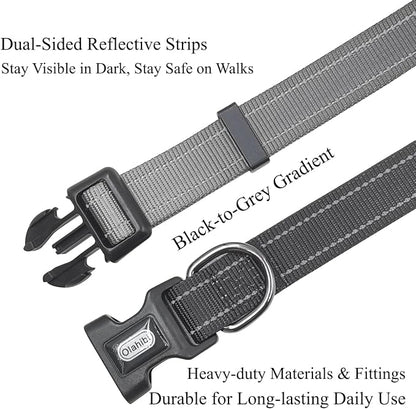 Dog Collar Leash Set, Gradient Color, with Safety Reflective Strips, 5 ft Matching Leash, Neoprene Padded Handle, Adjustable 4 Sizes for Small Medium Large Dogs.(M, Black Grey)
