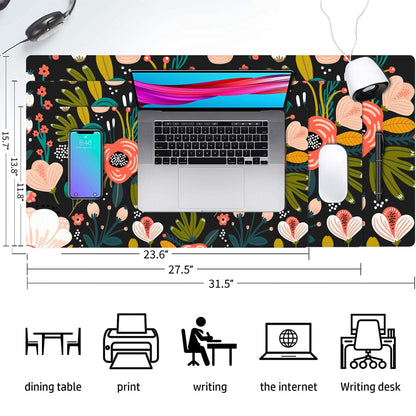 Desk Mat Large Protector Pad 31.5" ×15.7", Non-Slip PU Leather Desk Blotter, Waterproof Mouse Pad for Office Home Black Floral