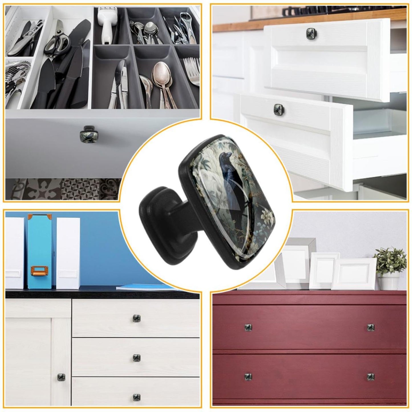 Anna Cowper 4 Pack Kitchen Cabinet Knobs Forest Raven, Black Drawer Knobs Square Knobs for Cabinets and Drawers Single Hole Cabinet Hardware Cupboard Dresser Knobs