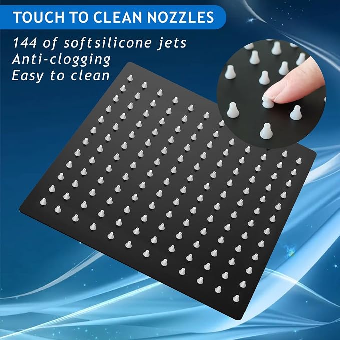 Voolan Rain Shower Head - High Flow Large Rainfall Shower Heads Made of Stainless Steel - Waterfall Bathroom Square Showerhead - Ceiling or Wall Mount (12" Black)