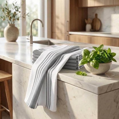 Urban Villa Kitchen Towels 100% Cotton Dish Towels for Kitchen (Set of 6) 20”x30” Dish Cloths Highly Absorbent Kitchen Linen Set with Hanging Loop Perfect for Drying Dishes Cleaning Towels-Grey White