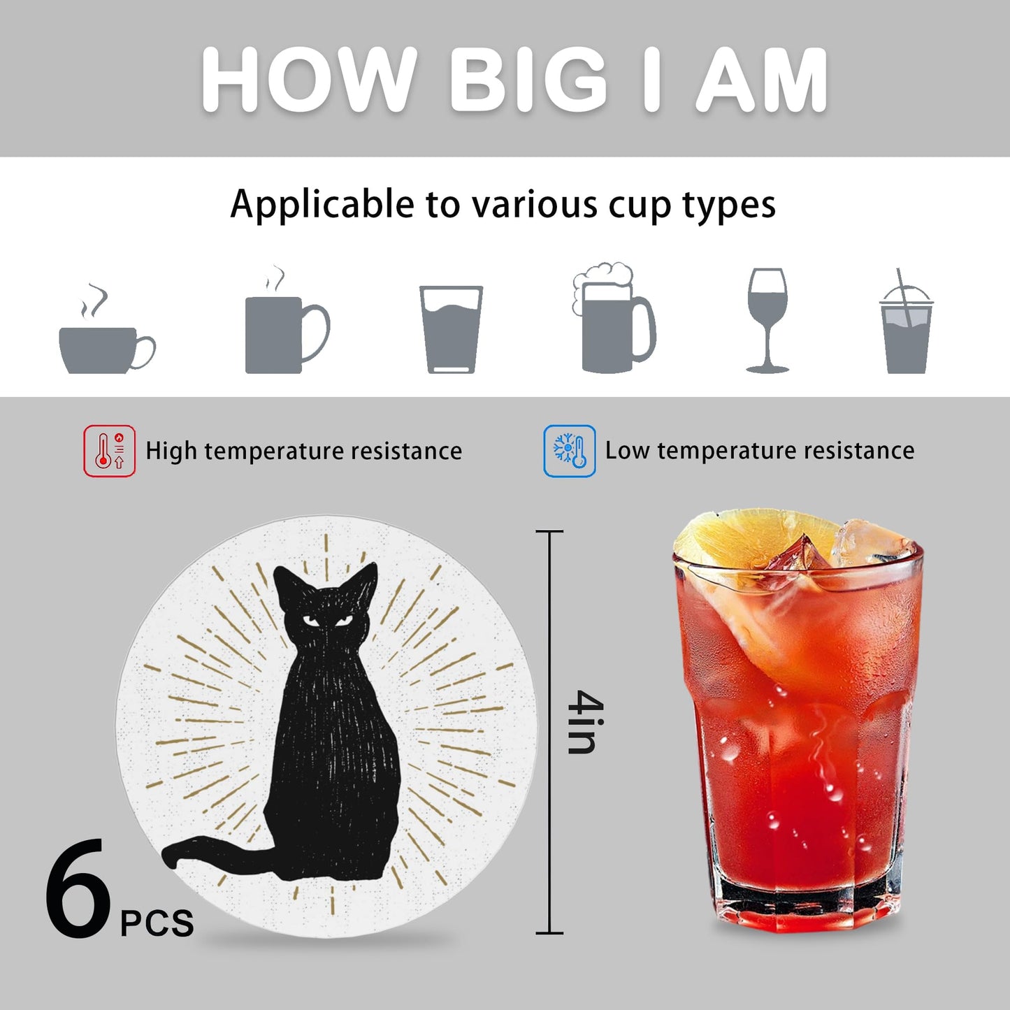 Coasters for Drinks Absorbent with Holder,Black Cat Sets of 6 Durable Cup Coaster for Coffee Table Protection,Great Housewarming Birthday Gifts,Home Decor