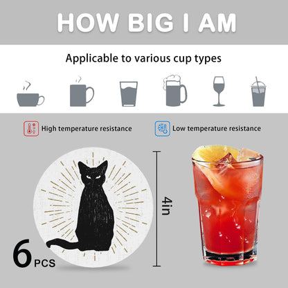 Coasters for Drinks Absorbent with Holder,Black Cat Sets of 6 Durable Cup Coaster for Coffee Table Protection,Great Housewarming Birthday Gifts,Home Decor
