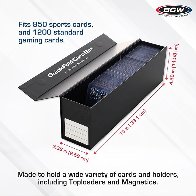 BCW QuickFold® Card Storage Boxes for Magnetics & Toploaders – 3 Pack | Trading Card Holder Box with Magnetic Closure | Easy Fold Assembly for Sports and TCG Cards