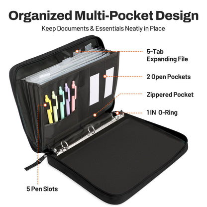 SUNEE Zipper Binder 1 Inch, Removable 3-Ring Binder, 175-Sheet Capacity, 5-Tab Dividers Expanding File Folder, Small Binder Bag Organizer Storage for Student School Classroom Supplies, Black