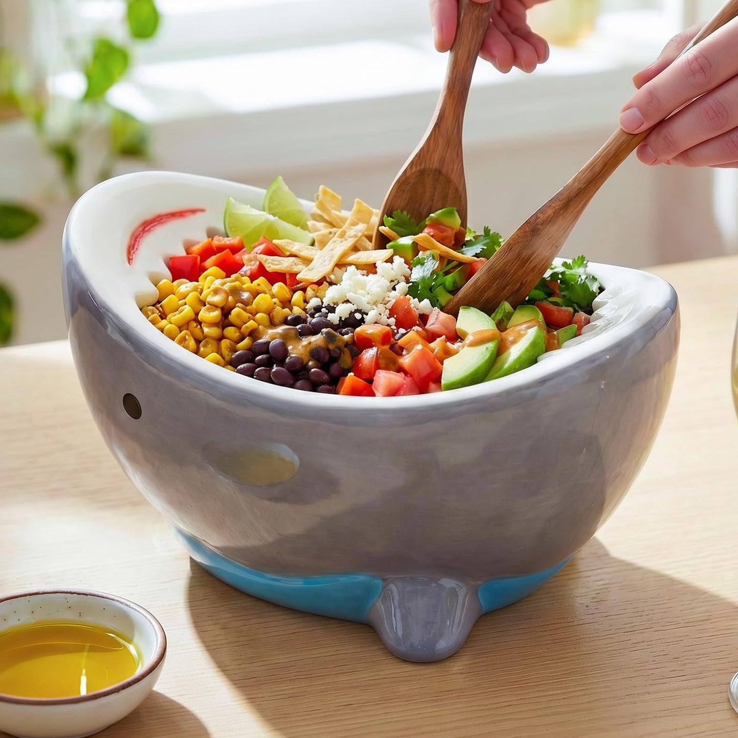 40 oz Large Shark Salad Bowl, Handmade Fruit Bowls for Kitchen Counter, Decorative Key Bowl Cute Ceramic Ramen Popcorn Snack Candy Serving Bowls, Unique Funny Shark Gifts Birthday Party Decorations