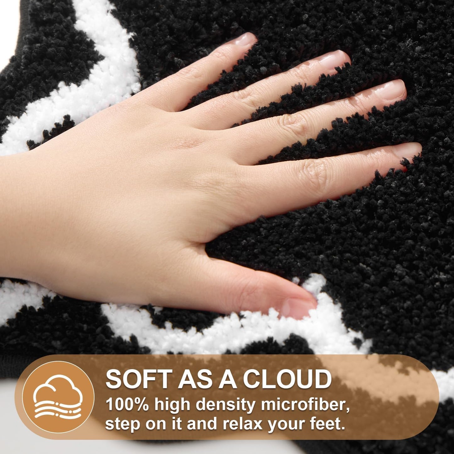 ORTIGIA Black Bath Mat with White Scallop Non Slip, Quick Dry Bath Rug Absorbent Soft Plush Microfiber Bathmat for Bathroom Floor Carpet for Sink Bedroom, 20x32