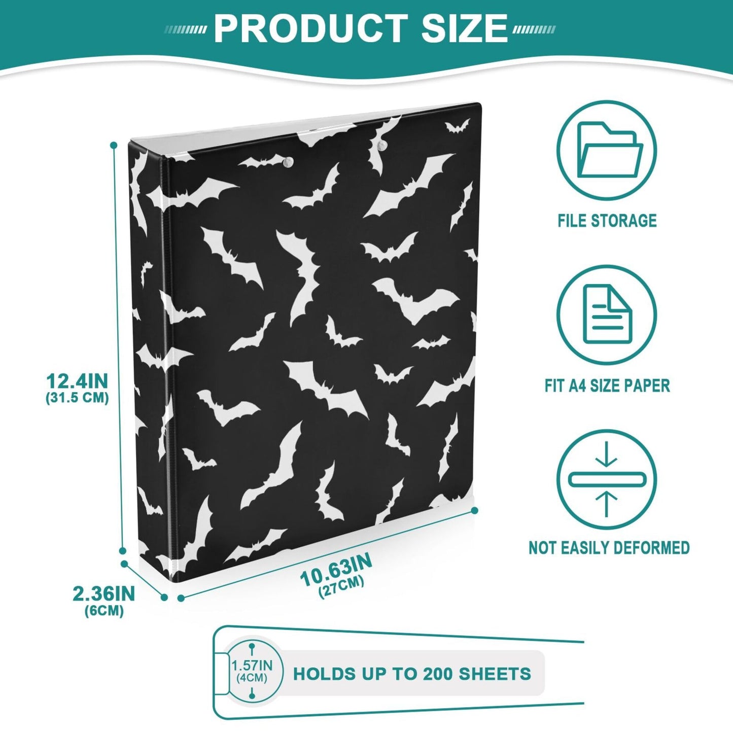 Halloween Bats Black Round Ring Binders 1.5 Inch 3 Ring Clipboard Binder for Office School Work Supplies File Folder Easy-Open 200 Sheet Capacity