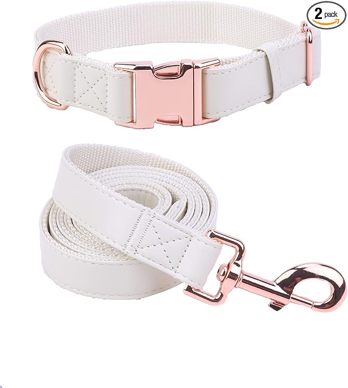 Dog Collar and Leash Set.Soft and Easy to Clean Vegan Leather with Rose Gold Metal Buckle for Small Medium Large Dogs (Off-White, S(12.2"-16.9"))