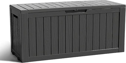 ROJIK Outdoor Storage Housing Deck Box - Waterproof Patio Furniture, Garden Tools, Cushions, Pool Accessories Storage Bench with Lockable Lid and Side Handles (Black 76 Gal)