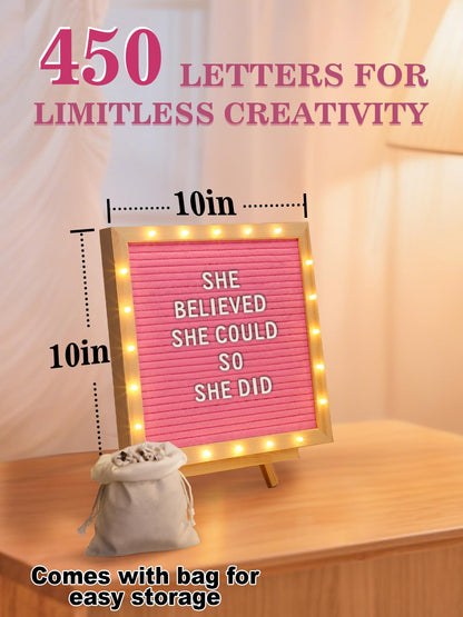 Changeable Felt Letter Board with LED Lights - 10''×10" Message Custom Signs & Wood Stand & 450 Letters, Poster Board for Baby/Pregnancy Announcement/Classroom Wall Decor Gifts, Pink