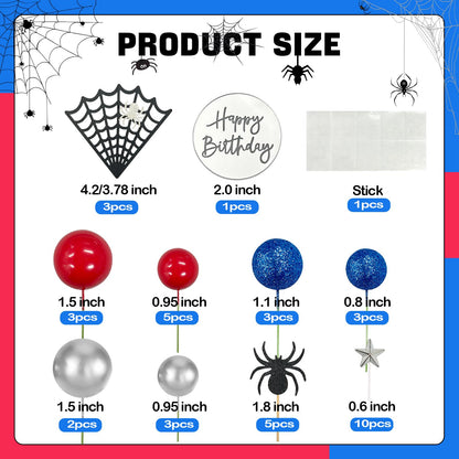 Morofme Spider Cake Topper Spider Web Cupcake Decorations Spiders Theme Cake Decor Glitter Happy Birthday Toppers Stars Red Silver Blue Balls Cupcake Topper for Boys Men Baby Shower Party Supplies